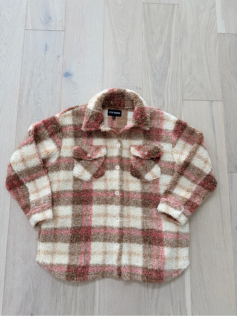 Steve Madden Kids Plush Plaid Shacket - Cream, Brown & Pink